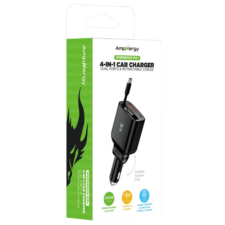 AmpNergy Speedemon Chargeur voiture 4-en-1 câbles intégrés