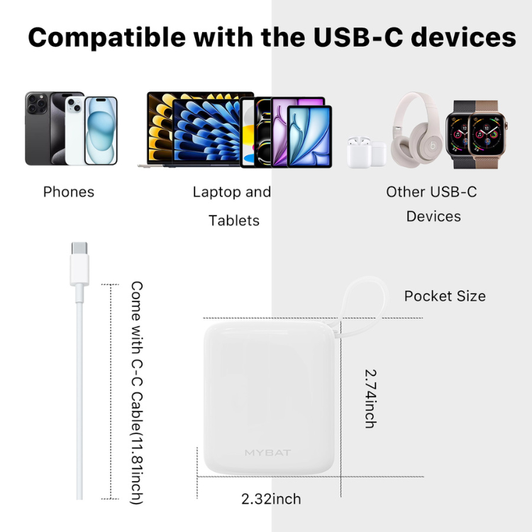 MyBat PowerLoop Batterie externe 10000mAh avec câble USB-C intégré